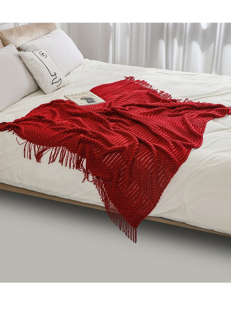 Loquat Tassel Design Textured Soft Throw Blanket Keep Warm Wine Red  - Image 2