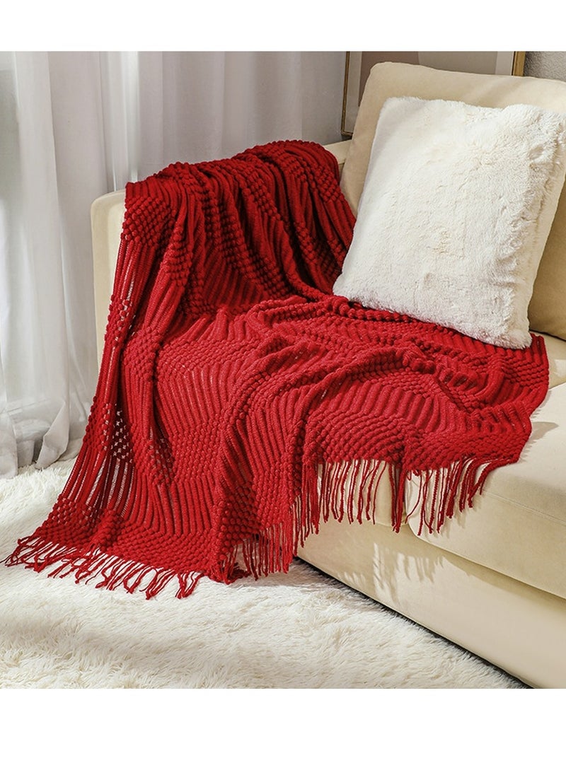 Loquat Tassel Design Textured Soft Throw Blanket Keep Warm Wine Red  - Image 1