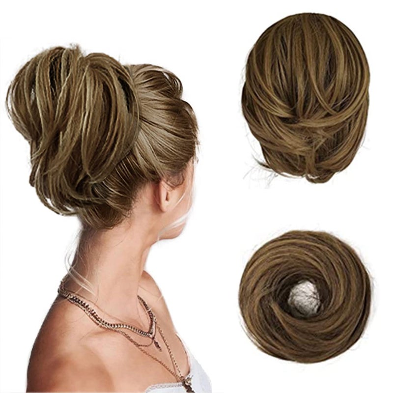 BARSDAR Hair Bun Ponytail Extension  Fully Short Straight Ponytail Bun Extensions Synthetic Easy Elastic Messy Hair Bun Scrunchies Hairpieces for Women  Brown mix Strawberry Blonde