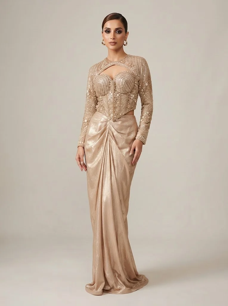 VINY Beige Embellished Skirt Set with Cutout Bodice – Women's Indian Ethnic Wear