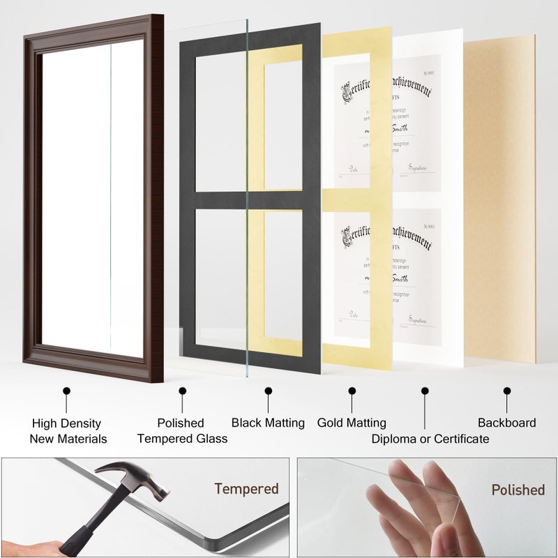 Yaetm Vertical Double Diploma Frame 14x20 for Two 8.5x11 Certificates, Degrees, Documents, Tempered Glass with Black Over Gold Acid-free Mats, Dual Diploma Frames, Brown/Black - Image 5