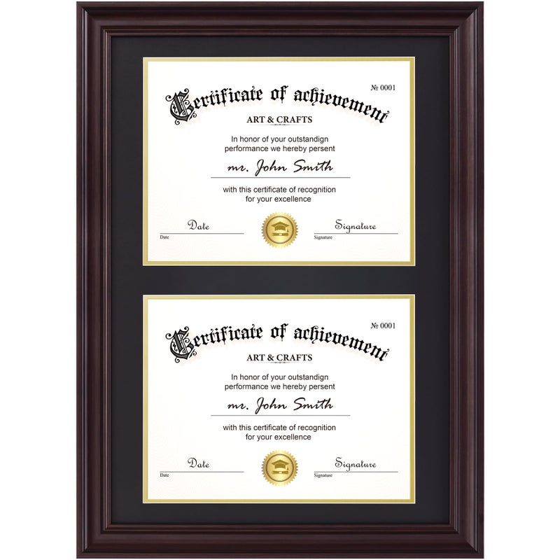 Yaetm Vertical Double Diploma Frame 14x20 for Two 8.5x11 Certificates, Degrees, Documents, Tempered Glass with Black Over Gold Acid-free Mats, Dual Diploma Frames, Brown/Black - Image 1