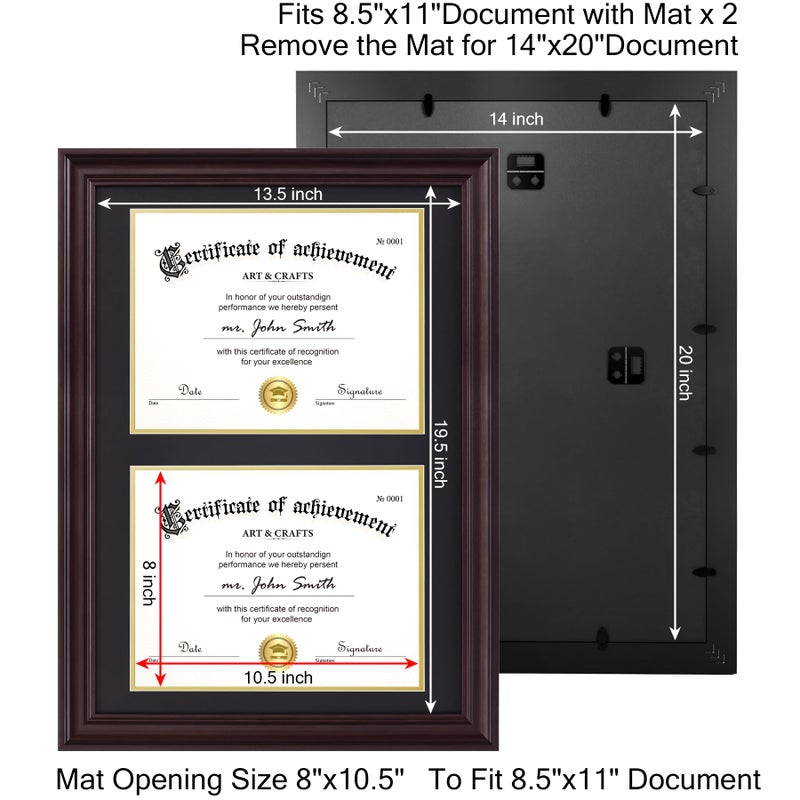 Yaetm Vertical Double Diploma Frame 14x20 for Two 8.5x11 Certificates, Degrees, Documents, Tempered Glass with Black Over Gold Acid-free Mats, Dual Diploma Frames, Brown/Black - Image 4