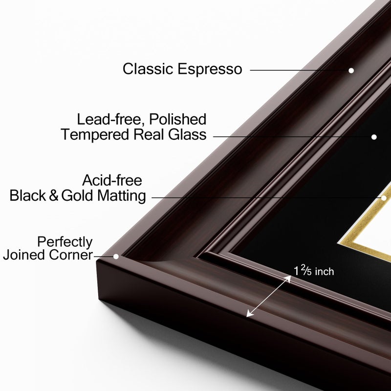 Yaetm Vertical Double Diploma Frame 14x20 for Two 8.5x11 Certificates, Degrees, Documents, Tempered Glass with Black Over Gold Acid-free Mats, Dual Diploma Frames, Brown/Black - Image 3