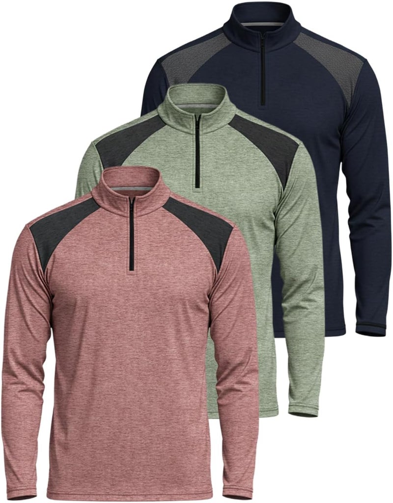 REALESSENTIALS Real Essentials 3 Pack: Men's Active Dry-Fit Quarter Zip Long Sleeve Outdoor Athletic Performance Pullover - Image 1