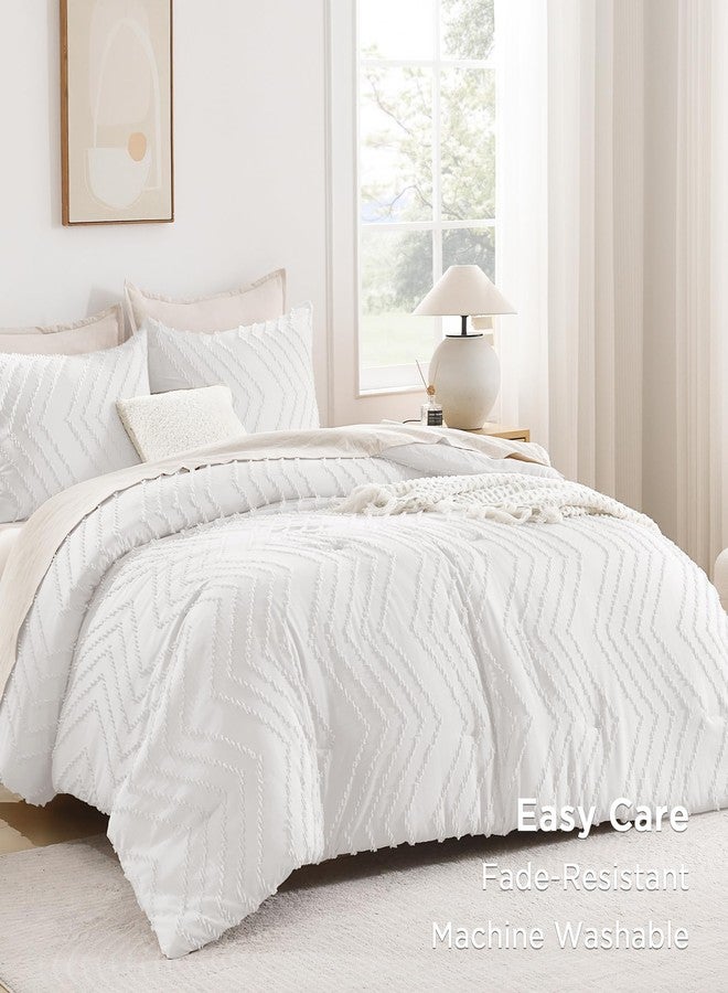Andency White California King Comforter Set, Boho Cal King Soft Warm Tufted Neutral Bedding Comforter Sets, 3 Pieces Cali King Aesthetic Chevron Farmhouse Cute Bohemian Textured Bedding Set - Image 3