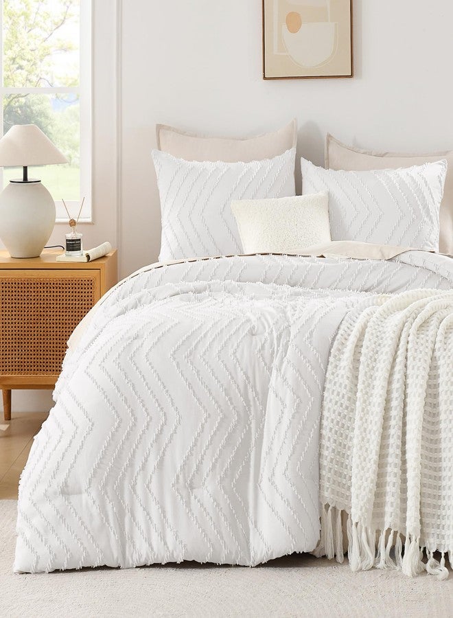 Andency White California King Comforter Set, Boho Cal King Soft Warm Tufted Neutral Bedding Comforter Sets, 3 Pieces Cali King Aesthetic Chevron Farmhouse Cute Bohemian Textured Bedding Set - Image 1