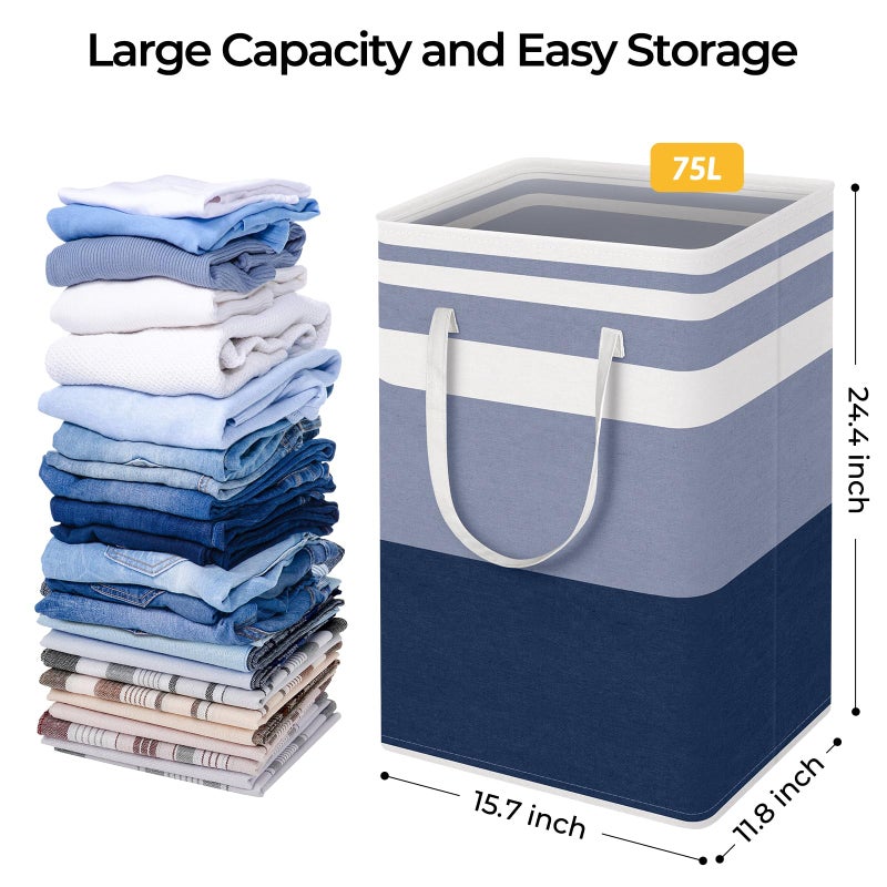 HomeHacks سلة غسيل كبيرة 2-pack HomeHacks، مقاومة للماء، سلة غسيل قائمة بذاتها، سلة ملابس قابلة للطي مع مقابض ممتدة للملابس والألعاب في السكن العائلي (أزرق، 75 لتر) - Image 4