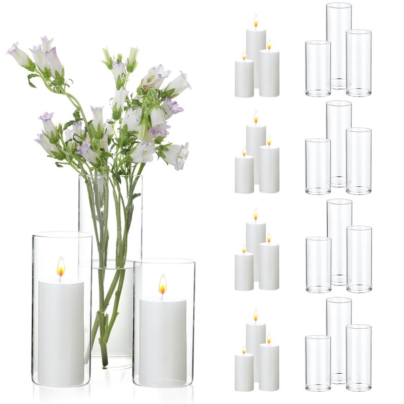 UDU Set of 12 White Pillar Candles and 12 Glass Cylinder Vases Hurricane Holders Slim Pillar Candle Holder Cylinder Vases for Centerpieces Wedding Table Party Home Decor26 X 47 59 79