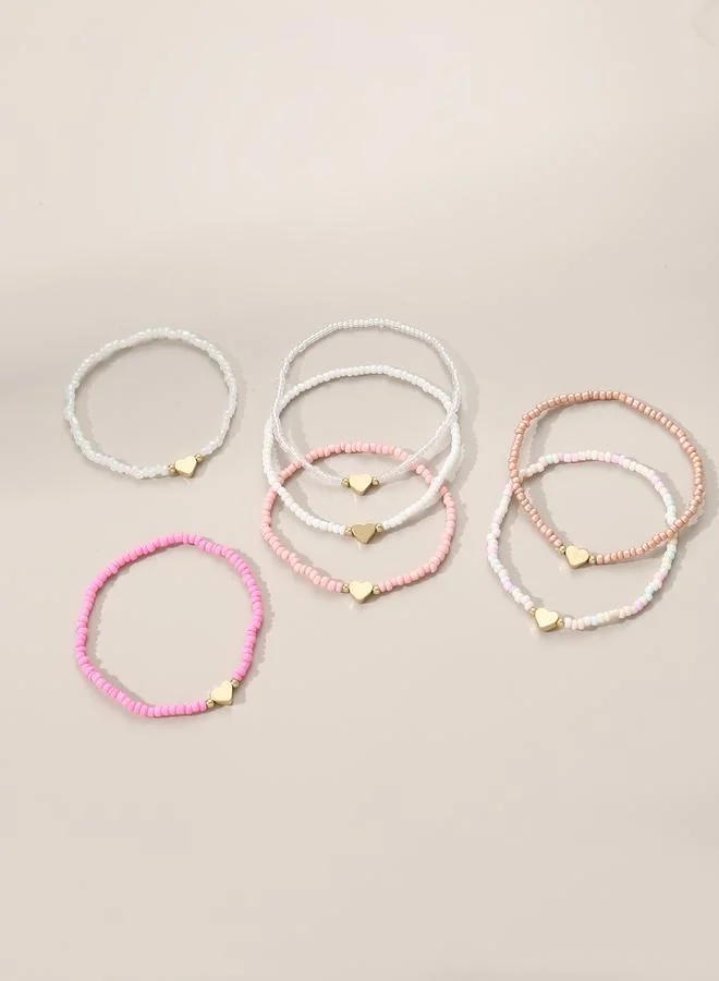 تايك تو Pack of 7 - Multi Color Heart Charm Beaded Bracelets