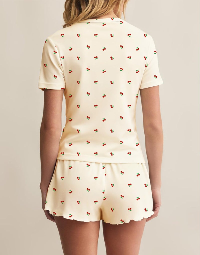 Lacozy Cute Pj Sets Woman Cherry Graphic Pajamas for Women Set Summer Crew Neck Button Top and Shorts Apricot L - Image 4