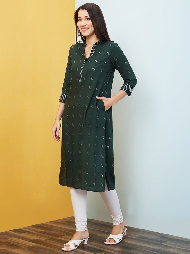 globus Globus Women Geometric Woven Design Mandarin Collar Thread Work Dobby Weave Straight Kurta - Image 2