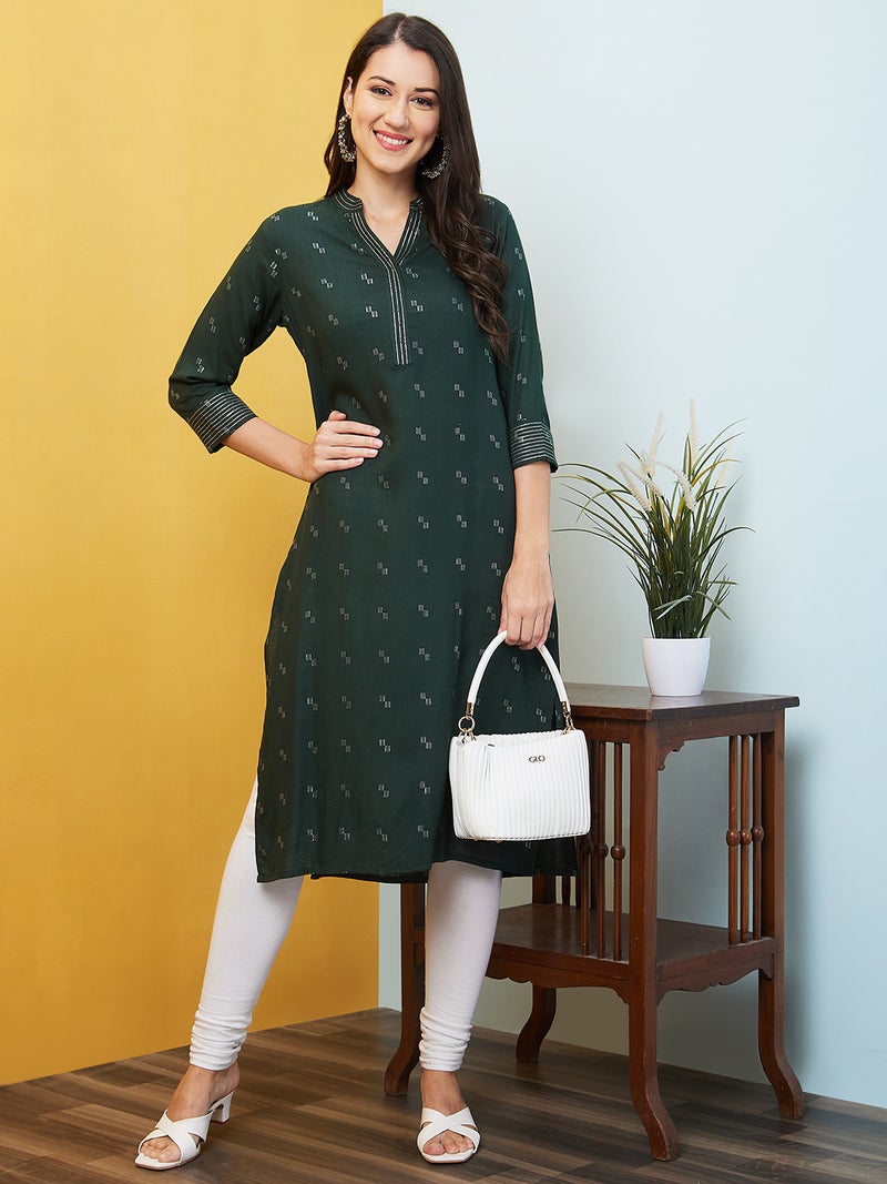 globus Globus Women Geometric Woven Design Mandarin Collar Thread Work Dobby Weave Straight Kurta - Image 1