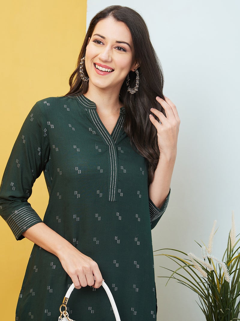 globus Globus Women Geometric Woven Design Mandarin Collar Thread Work Dobby Weave Straight Kurta - Image 5