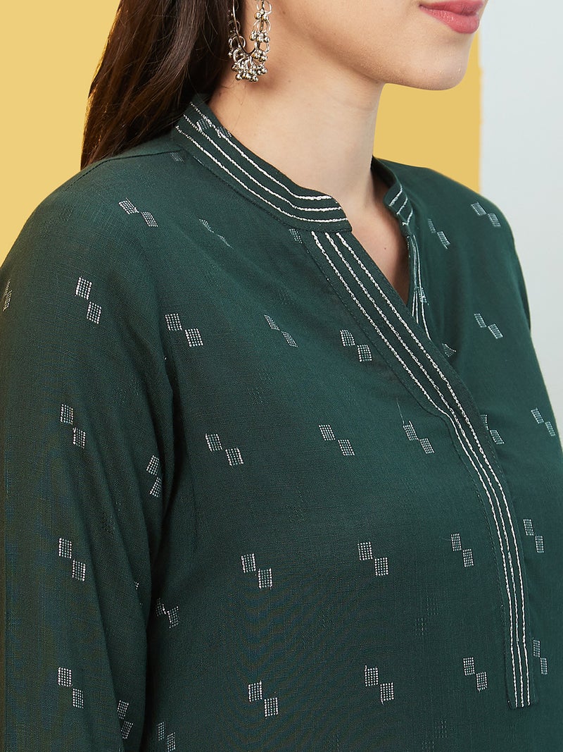 globus Globus Women Geometric Woven Design Mandarin Collar Thread Work Dobby Weave Straight Kurta - Image 4