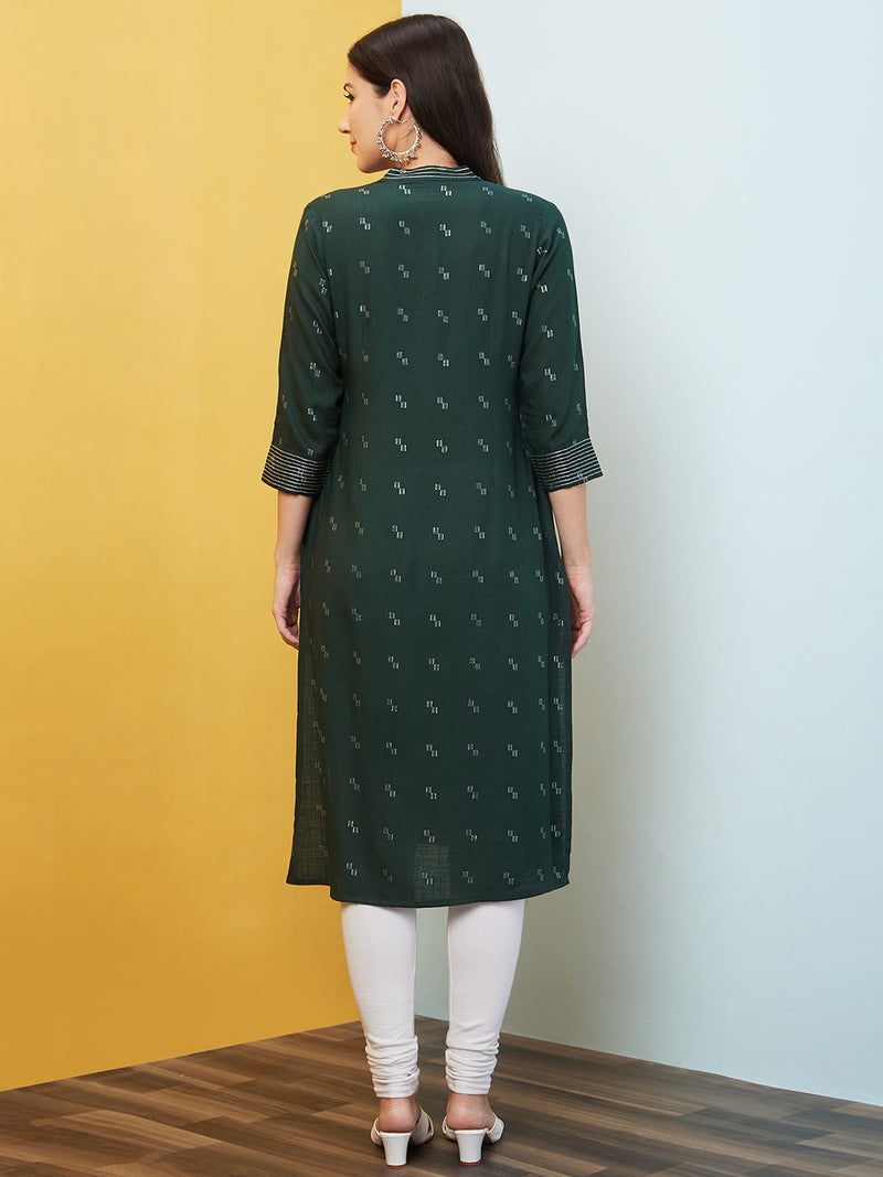 globus Globus Women Geometric Woven Design Mandarin Collar Thread Work Dobby Weave Straight Kurta - Image 3
