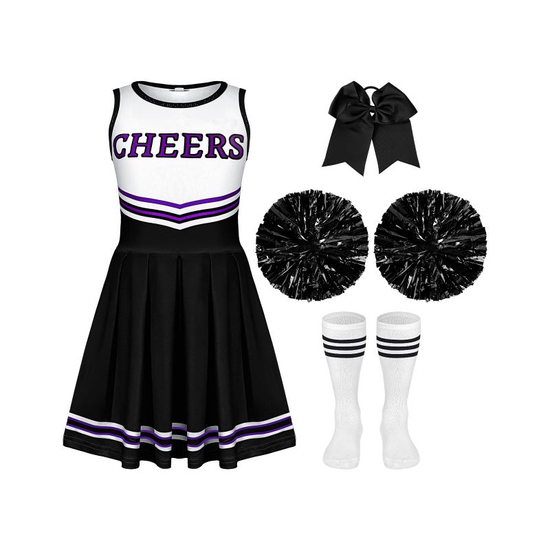 Toulite 4 Pcs Girls Halloween Cheerleader Costume Outfit Set Fancy Dress for Kids Sport Game1112 YearsBlack