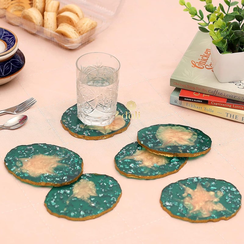 DULI Set of 6 Premium Resin Tea, Coffee Coasters - Oval, Metallic Flakes (10 x 8 cm) - Image 2