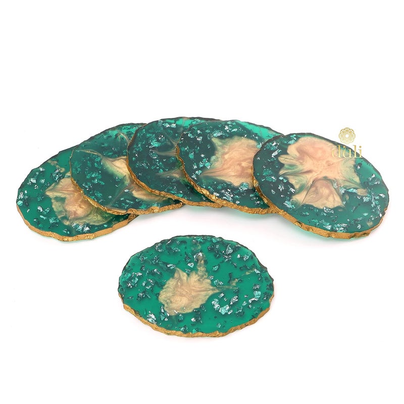 DULI Set of 6 Premium Resin Tea, Coffee Coasters - Oval, Metallic Flakes (10 x 8 cm) - Image 1