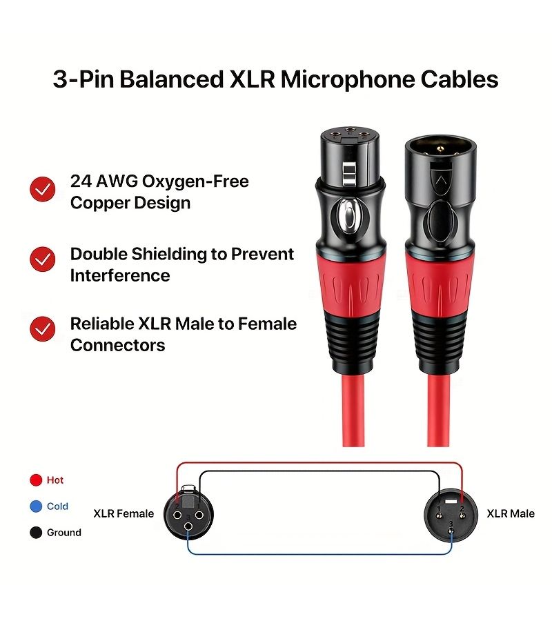 6 قطع كابلات XLR 3 دبابيس من ذكر إلى أنثى لميكروفون وميكسر وتسجيل استوديو 19.68 بوصة - Image 3