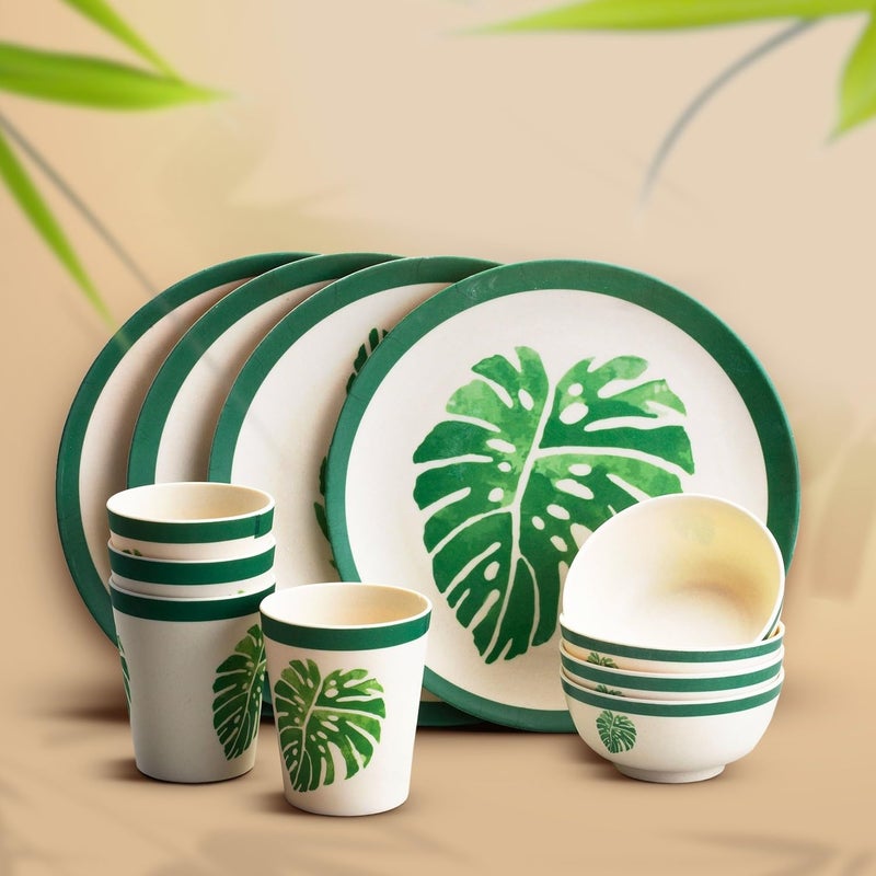 Red Butler EcoFriendly Bamboo Fiber Dinner Set 12Piece Set with Dinner Plates Bowls Tumblers Sturdy Weight Reusable Stain Resistant Microwave Dishwasher Safe Elegant Leaf Design - Image 1