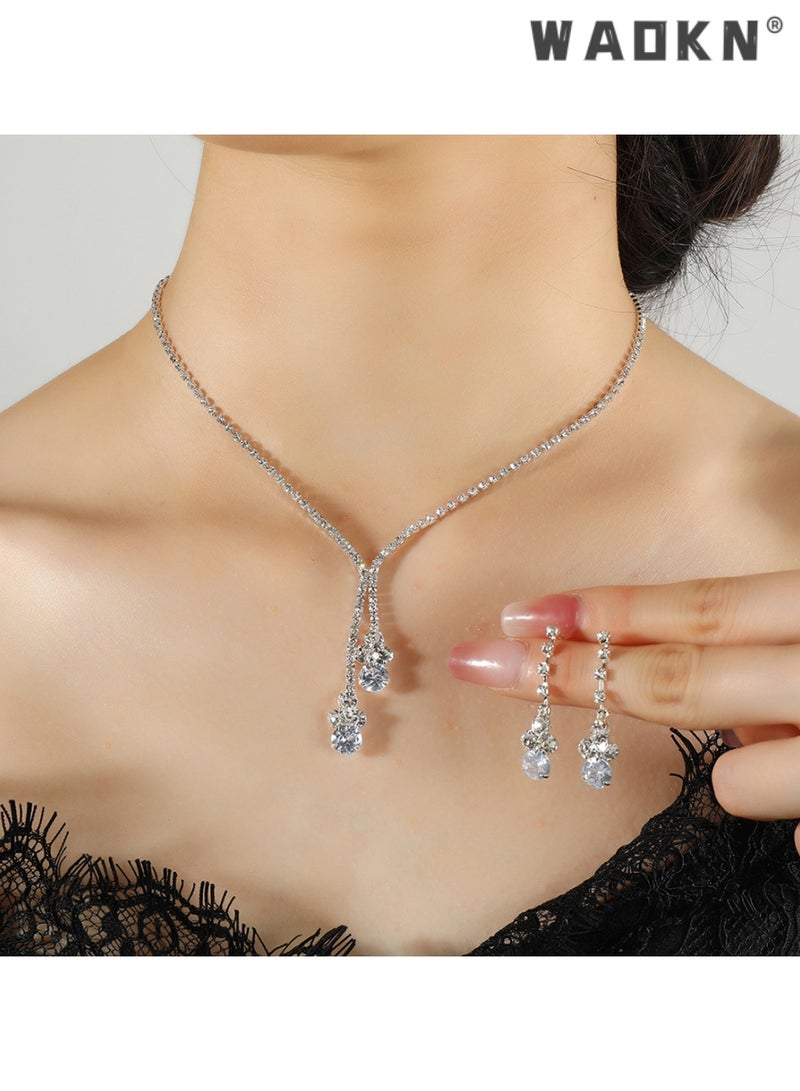 WAOKN 2 Pcs Zircon Necklace Earrings Set Ear Drop Dangle Diamond Collar Necklace Bridal Evening Dress Accessories for Women ,for Girlfriend Wife Mother Bridesmaids Wedding Party Accessories - Image 1