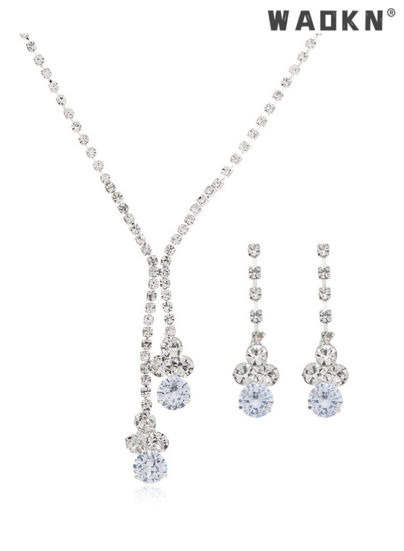 WAOKN 2 Pcs Zircon Necklace Earrings Set Ear Drop Dangle Diamond Collar Necklace Bridal Evening Dress Accessories for Women ,for Girlfriend Wife Mother Bridesmaids Wedding Party Accessories - Image 4