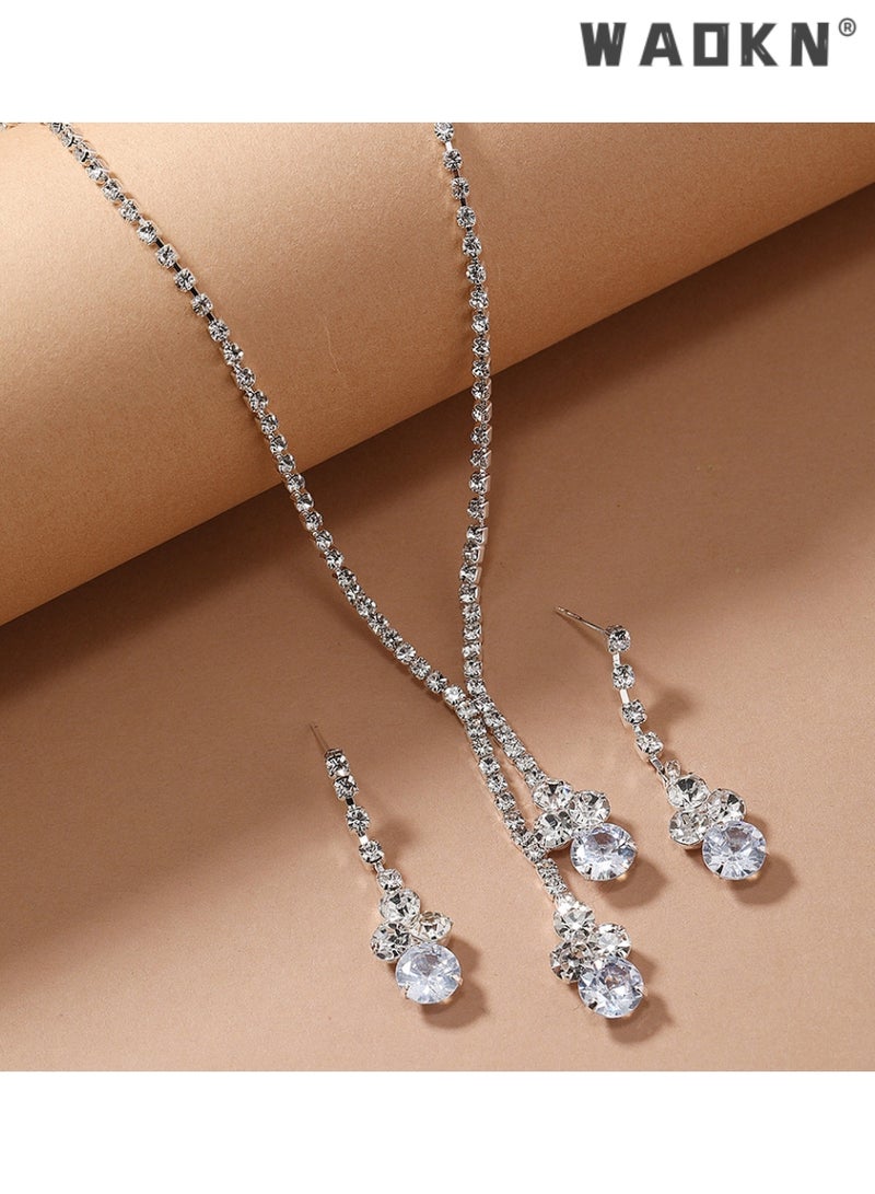 WAOKN 2 Pcs Zircon Necklace Earrings Set Ear Drop Dangle Diamond Collar Necklace Bridal Evening Dress Accessories for Women ,for Girlfriend Wife Mother Bridesmaids Wedding Party Accessories - Image 2
