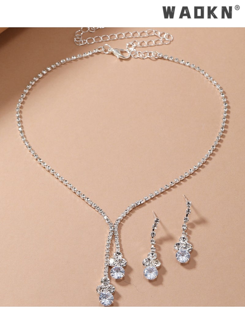 WAOKN 2 Pcs Zircon Necklace Earrings Set Ear Drop Dangle Diamond Collar Necklace Bridal Evening Dress Accessories for Women ,for Girlfriend Wife Mother Bridesmaids Wedding Party Accessories - Image 3