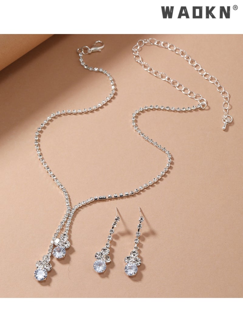 WAOKN 2 Pcs Zircon Necklace Earrings Set Ear Drop Dangle Diamond Collar Necklace Bridal Evening Dress Accessories for Women ,for Girlfriend Wife Mother Bridesmaids Wedding Party Accessories - Image 5