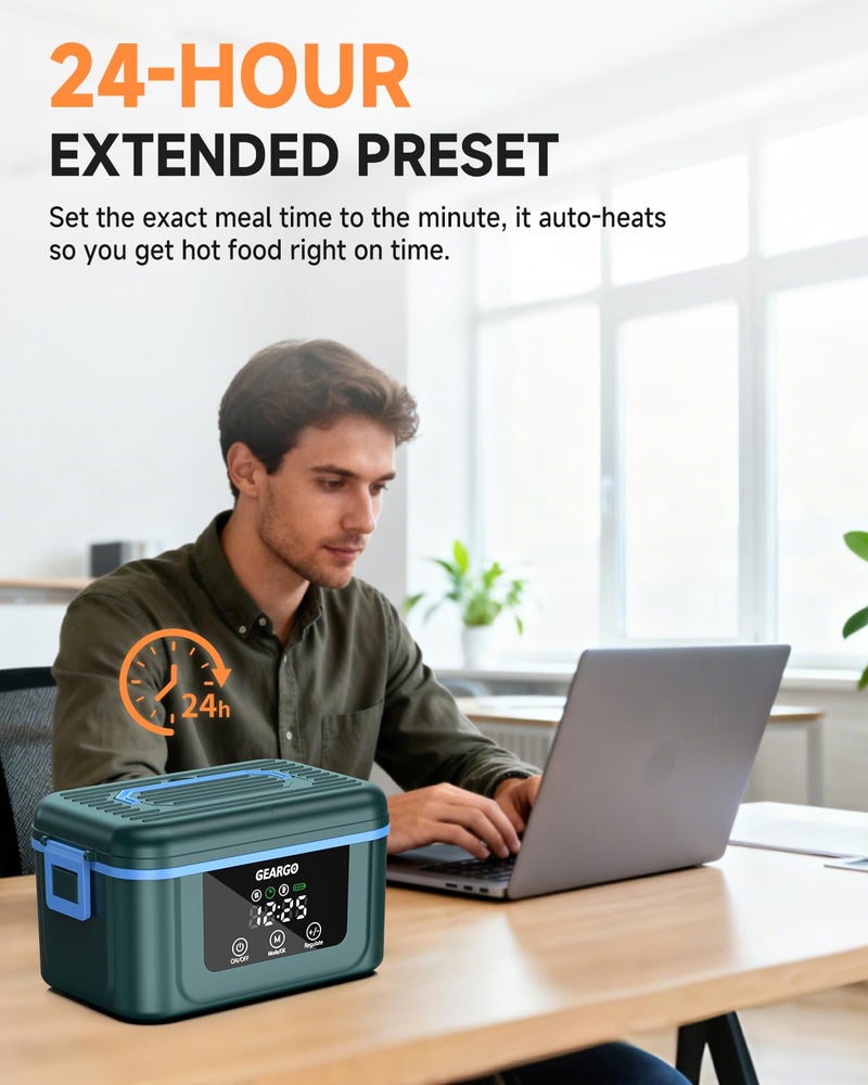GEARGO ðŸðŸŽðŸðŸ” ð”ð©ð ð«ðšððžð Cordless Electric Lunch Box, 6.3 Cups & 24000mAh Rechargeable Heated Lunch Box with Ice Crystal Box, 24 Hours Scheduled Self Heating Lunchbox For Men Women - Image 3