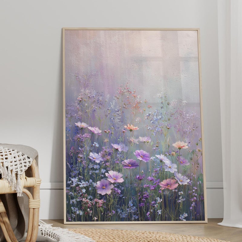 TNESSENTIAL Dreamy Purple Wildflower Meadow Wall Art Poster or Canvas Print, Lavender Gray and Dusty Rose Landscape, Romantic Vintage Floral Painting - Image 1