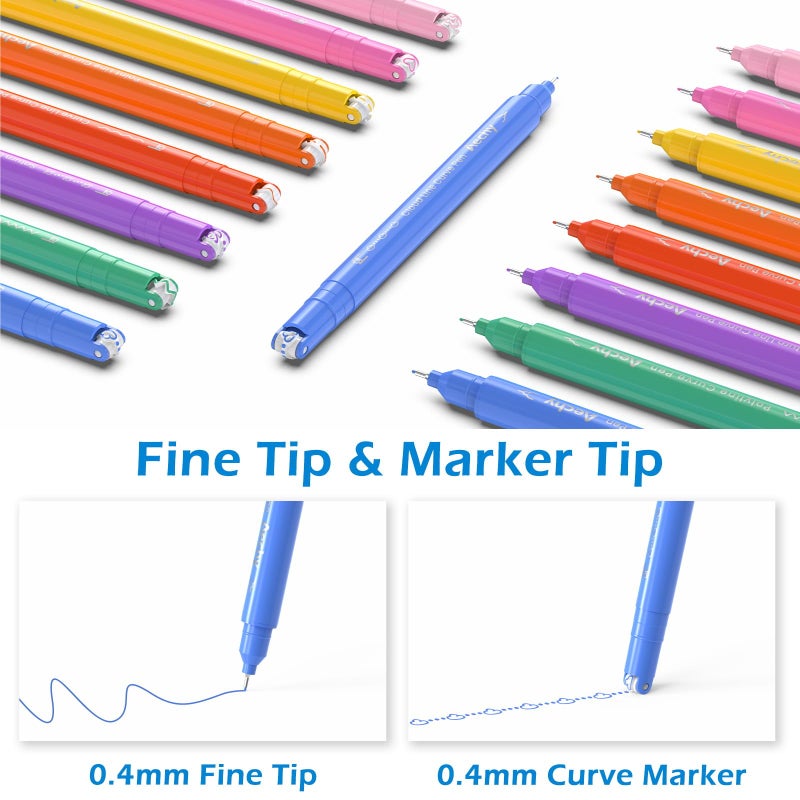 AECHY 8PCS Curve Highlighter Pen for Note Taking, Dual Tip Pens with 8 Different Curve Shapes & 8 Colors Fine Lines, Colored Curve Pens Set for Kids Journaling Back to School Supplies - Image 2