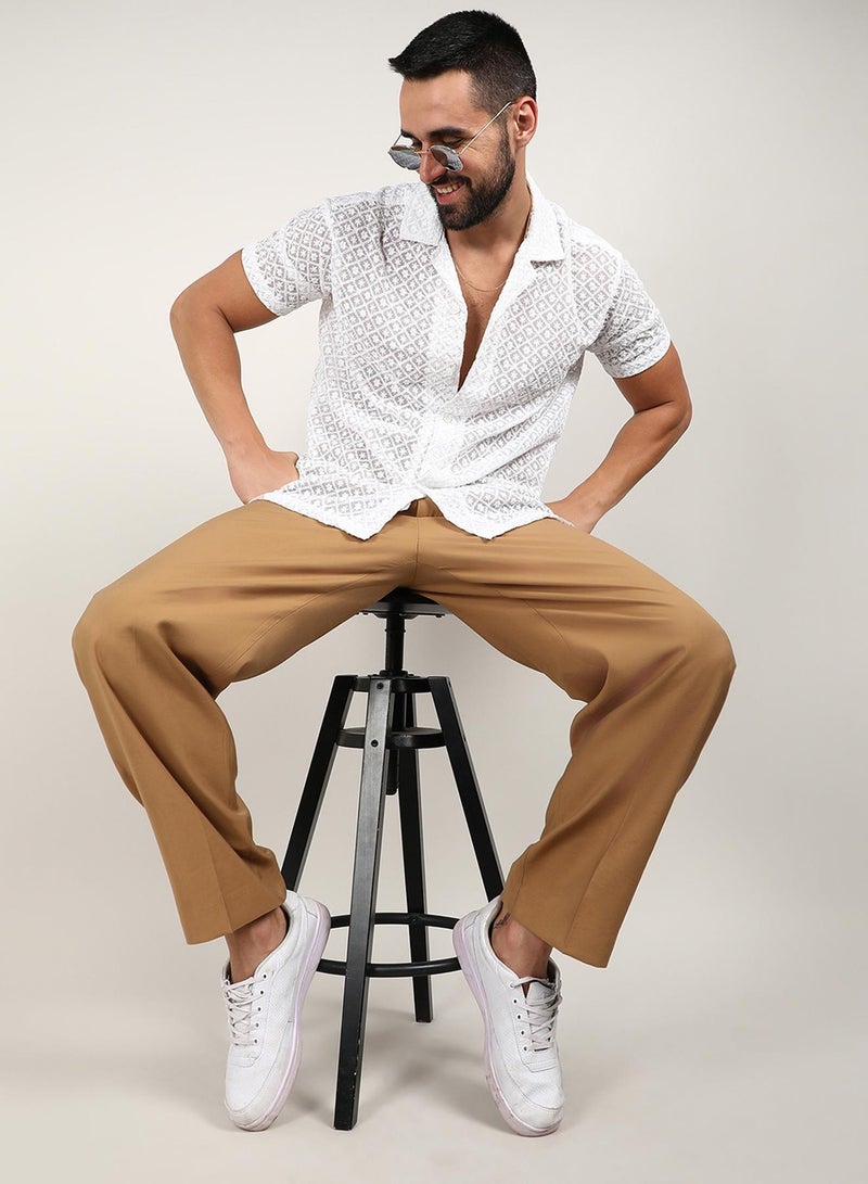 Campus Sutra Campus Sutra Men's Chalk White Floral Embroidered Shirt For Casual Wear | Spread Collar | Short Sleeve | Button Closure | Shirt Crafted With Comfort Fit For Everyday Wear  - Image 5