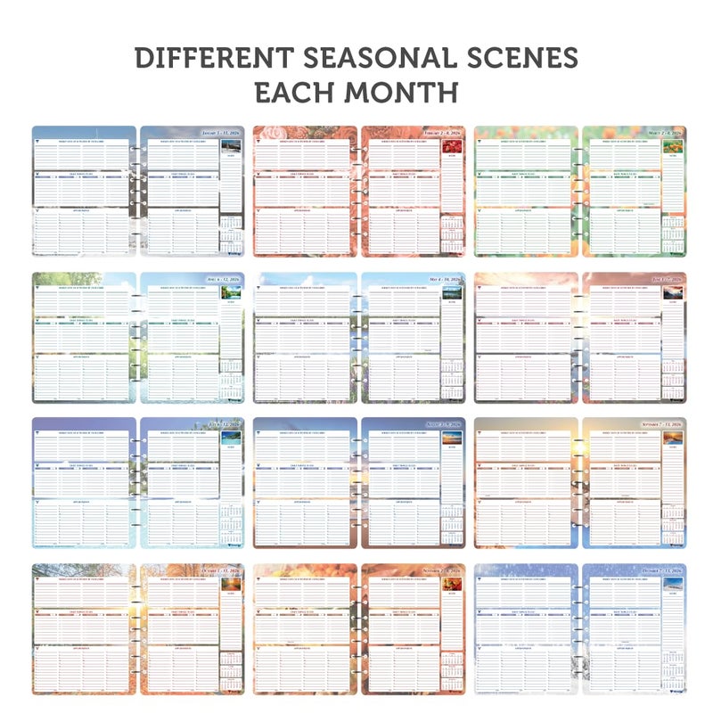 Planner Pad 7 Hole Loose Leaf January-December 2026/ Calendar Year 6 3/4" x 8 1/2" Medium 3-Tier Funnel Down 12 Month Organizer, Seasonal Color Ink - Image 3