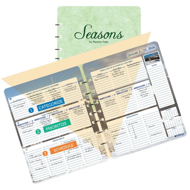 Planner Pad 7 Hole Loose Leaf January-December 2026/ Calendar Year 6 3/4" x 8 1/2" Medium 3-Tier Funnel Down 12 Month Organizer, Seasonal Color Ink - Image 1