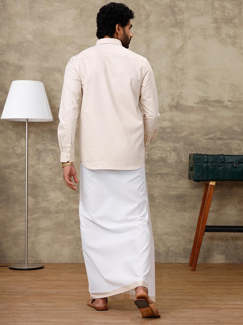 RAMRAJ COTTON رامراج كوتون قميص رجالي من مزيج القطن بأكمام كاملة بلون موحد مع حدود متناسقة ودوتي (بيج_1; 44) - Image 2