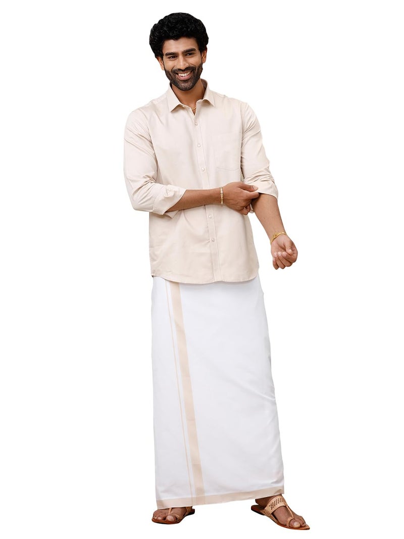 RAMRAJ COTTON رامراج كوتون قميص رجالي من مزيج القطن بأكمام كاملة بلون موحد مع حدود متناسقة ودوتي (بيج_1; 44) - Image 1