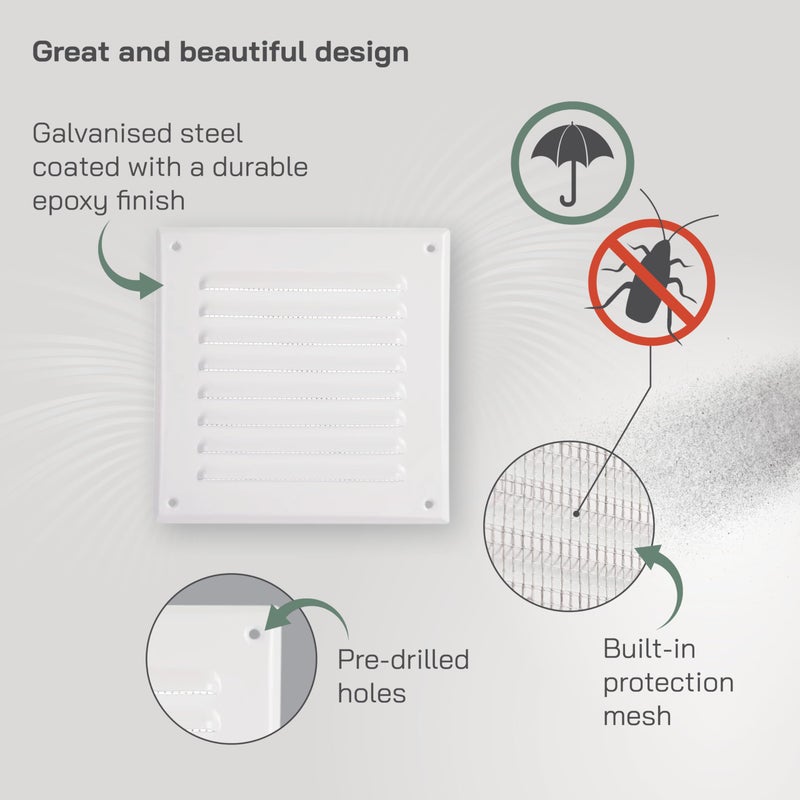 Vent Systems Vent Systems - 5" x 5" Inch (Opening Dimensions) Pack of 5 White Metal Square Soffit Air Vent Grille Cover - Built-in Insect Screen - HVAC for Home Improvement 6.5" x 6.5" Inch (Outer Dimensions)  - Image 4