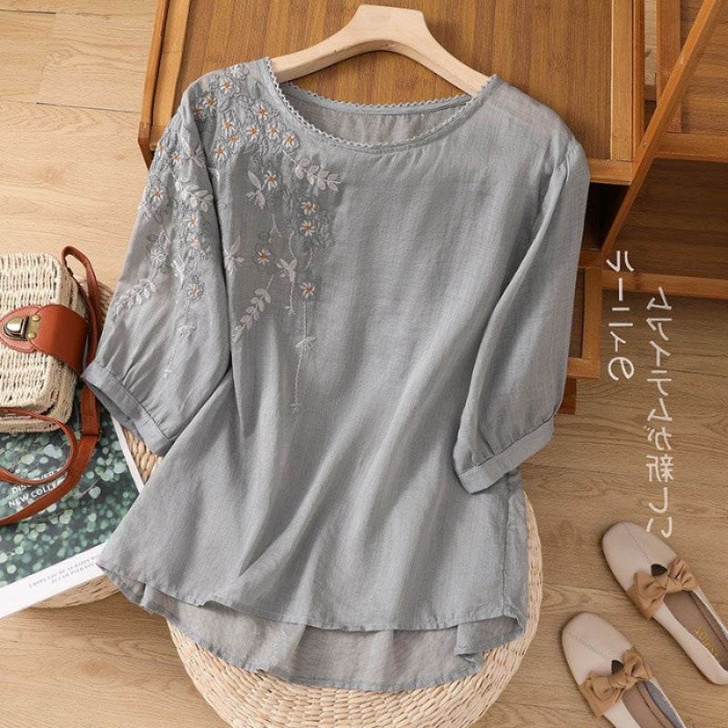 Artistic Cotton and Linen Embroidered Casual Womens Clothing Summer New Arrival plus size Mother Loose Simple Short-Sleeved Retro Top T-Shirt gray - Image 1