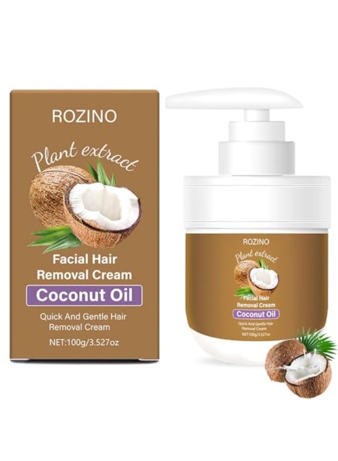 روزينو كريم إزالة شعر الوجه - زيت جوز الهند لإزالة شعر الوجه ، كريم لطيف لإزالة شعر الجسم للنساء للشفة العليا والذقن ، غير لزج 100 جرام - Image 1
