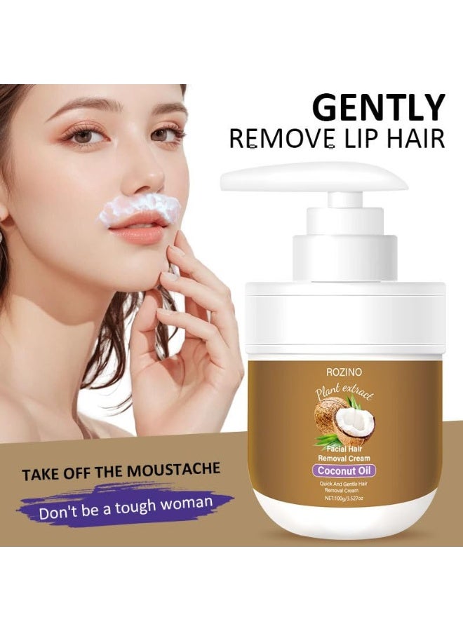 روزينو كريم إزالة شعر الوجه - زيت جوز الهند لإزالة شعر الوجه ، كريم لطيف لإزالة شعر الجسم للنساء للشفة العليا والذقن ، غير لزج 100 جرام - Image 2