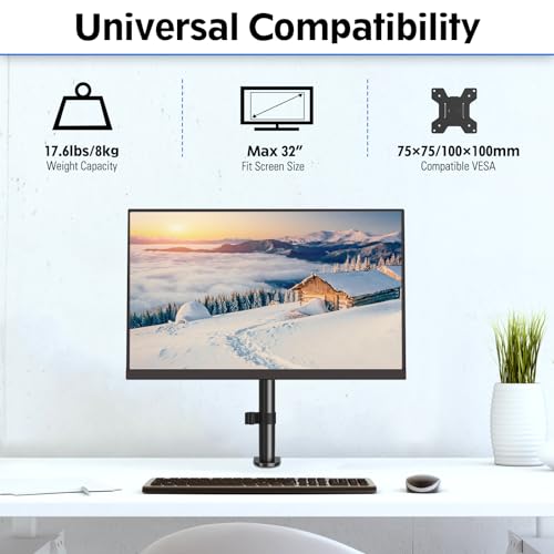 MOUNTUP Single Monitor Mount, Adjustable Monitor Stand for Max 32 Inch Flat Curved Computer Screen, Monitors Arm Desk Mount Fit VESA 75x75& 100x100, up to 17.6lbs, with C-Clamp and Grommet Base, Black - Image 2