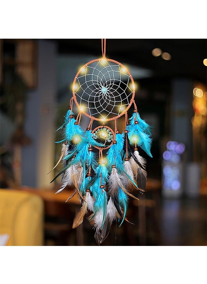 Garlo Dream Catcher Blue Tree of Life with Feathers, Mobile LED Fairy Lights Handmade Indians Traditional Circular Net for Wall Hanging Decor, Bedroom Kids, Home Decoration Wedding Party Blessing Gift  - Image 1
