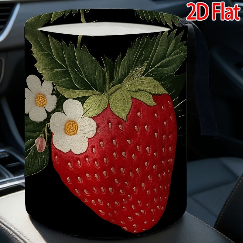 1pc Strawberry Flower And Green Leaf Car Trash Can With Strawberry Shaped Lid 5.91x7.09inch Compact Vehicle Garbage Bin For Outdoor Travel Fit For Car Holiday Gift Family And Friends Car Interior Accessories - Image 2