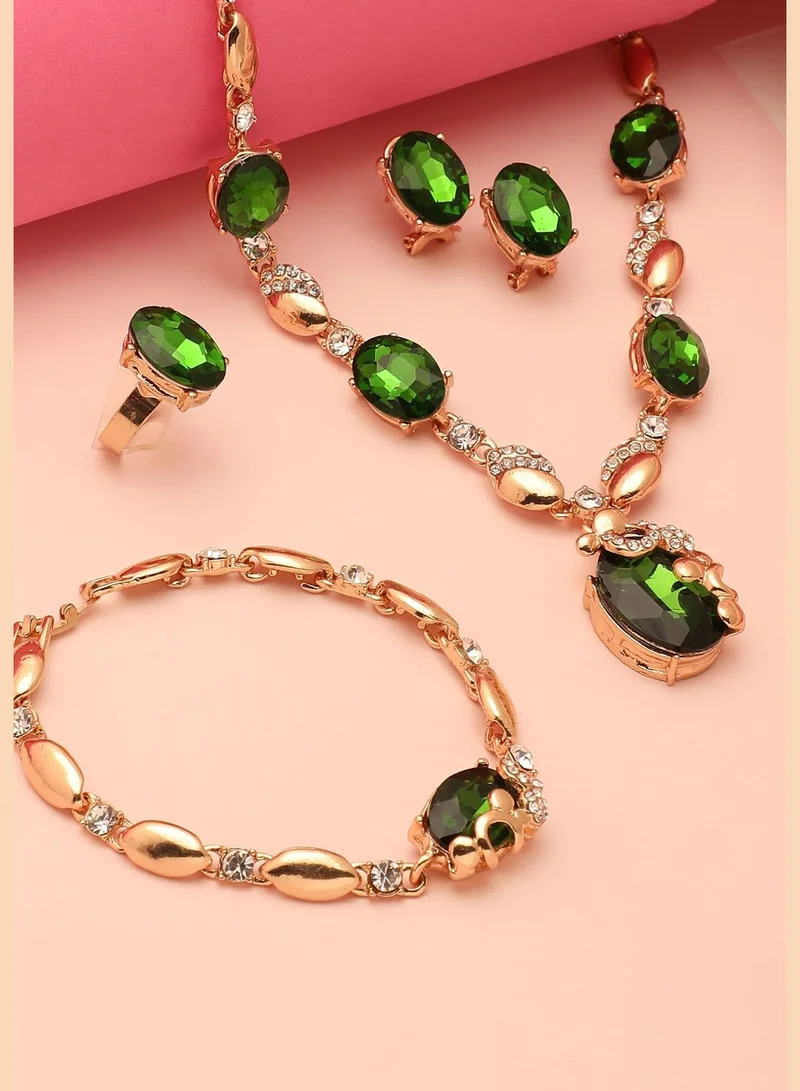 SOHI Gold Plated Designer Stone Necklace, Earring, Ring and Bracelet Set
