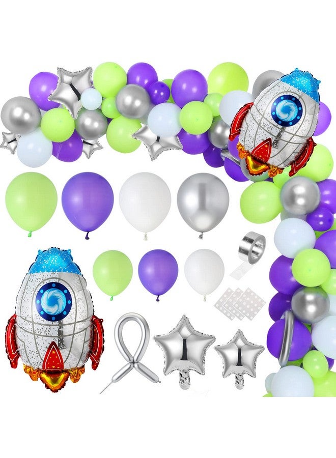 Seematn 134 Pieces Buzz Birthday Party Balloon Garland Arch Kit 10 5 Inch Purple Green Silver White Latex Balloons With Rocket Star Foil Balloon For Buzz Themed Birthday Party Decorations - Image 1