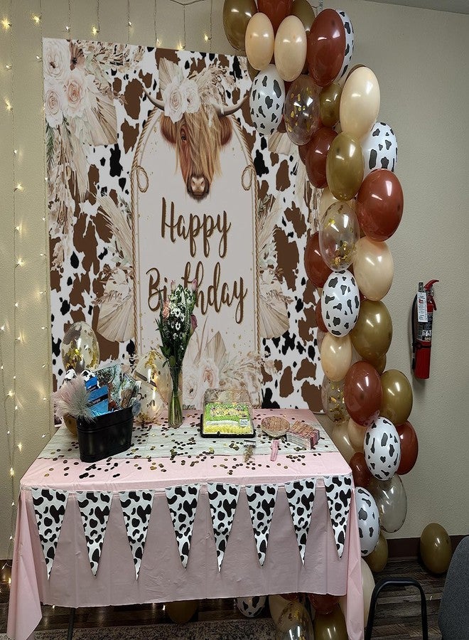Mocsicka Cows Happy Birthday Backdrop Brown Highland Cattle Pampas Grass Photography Background Vinyl Boho Farm Cow Birthday Party Decorations Cake Table Photo Booth Props (7x5ft) - Image 3