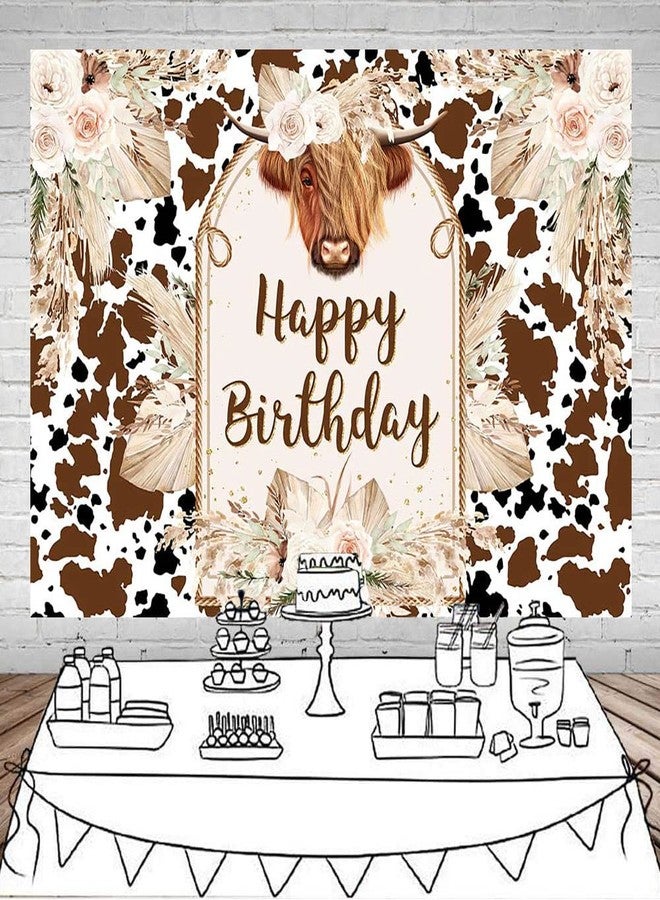 Mocsicka Cows Happy Birthday Backdrop Brown Highland Cattle Pampas Grass Photography Background Vinyl Boho Farm Cow Birthday Party Decorations Cake Table Photo Booth Props (7x5ft) - Image 2