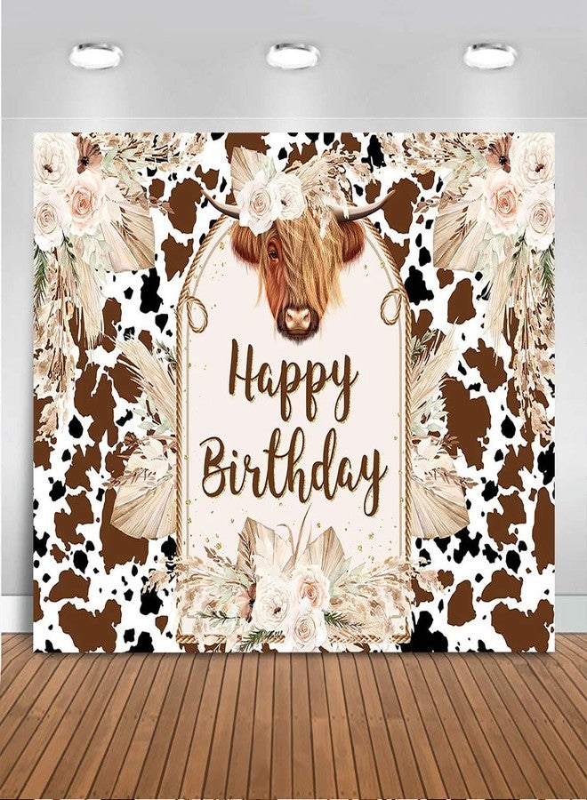 Mocsicka Cows Happy Birthday Backdrop Brown Highland Cattle Pampas Grass Photography Background Vinyl Boho Farm Cow Birthday Party Decorations Cake Table Photo Booth Props (7x5ft) - Image 1